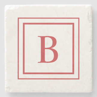 Red And White Square Border Monogram  Stone Coaster