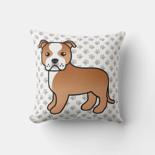 Red And White Staffie Cute Cartoon Dog & Paws Throw Pillow