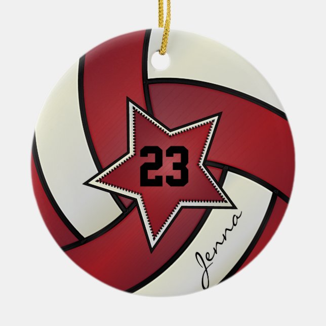 Red and White Star Volleyball Ceramic Ornament (Front)