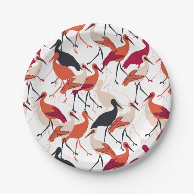Red and White Stork Birds Seamless Pattern Paper Plate (Front)