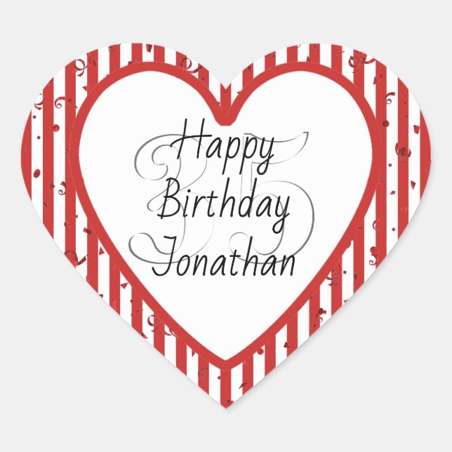 Red and White Stripe Pattern Happy Birthday Heart Sticker (Front)