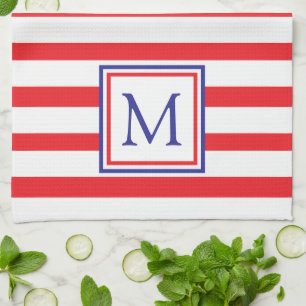 Red and White Stripe With Navy Blue Monogram Kitchen Towel