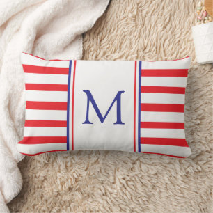 Red and White Stripe With Navy Blue Monogram Lumbar Pillow