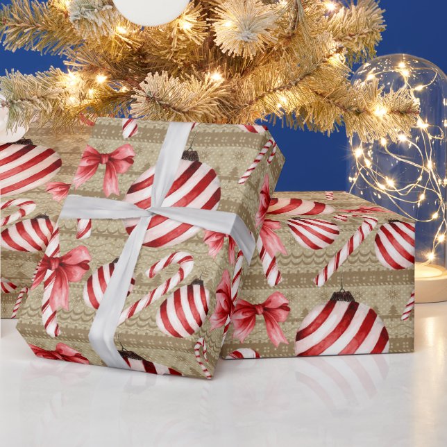 Red and White Striped Candy Canes and Balls  Wrapping Paper (Holidays)