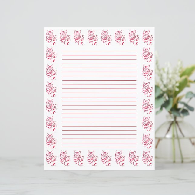 Red and White Striped Cat Prints Lined Stationery (Standing Front)