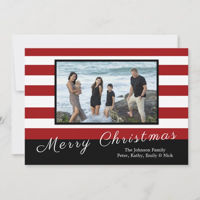 Red and white striped Holiday photo Christmas card (Front)