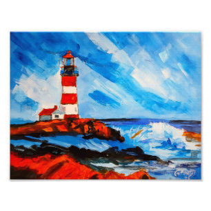 Red and White Striped Lighthouse Coastal Waves Photo Print