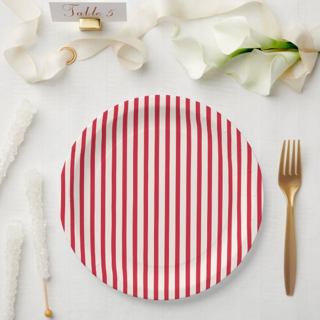 Red and White Striped Modern Christmas Stripe Paper Plate (Wedding)