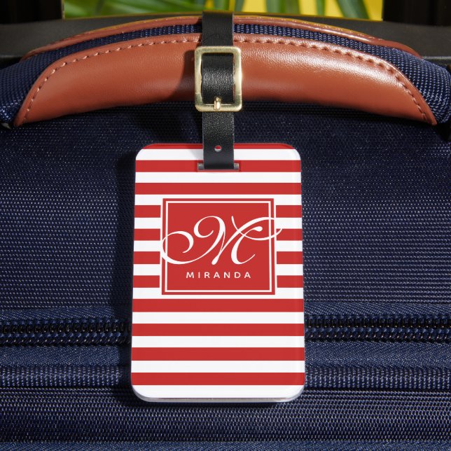 Red and White Striped Pattern - Monogram Luggage Tag (Front Insitu 2)