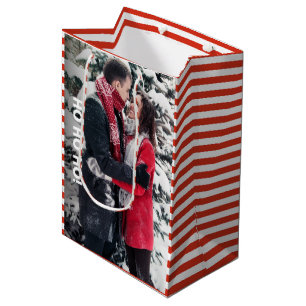 Red and White Striped Photo Christmas Medium Gift Bag