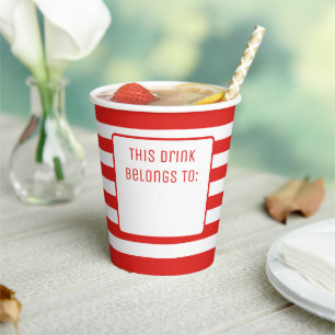 Red and White Striped "This Drink Belongs To" Paper Cups