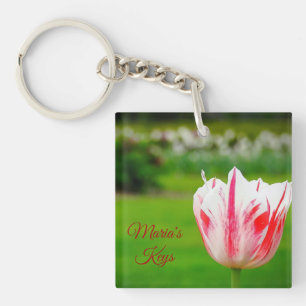 Red and White Striped Tulip *Personalized* Keychain