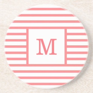 Red and White Stripes Custom Monogram Sandstone Coaster