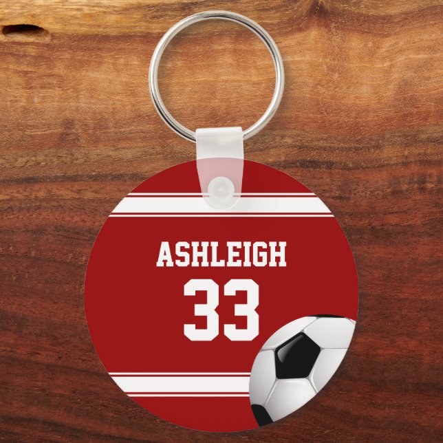 Red and White Stripes Jersey Soccer Ball Keychain (Front)