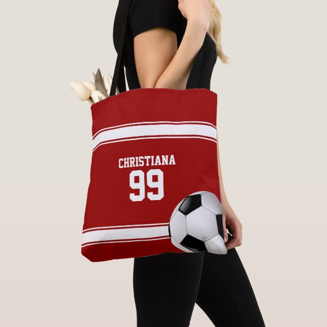 Red and White Stripes Jersey Soccer Ball Tote Bag (Close Up)