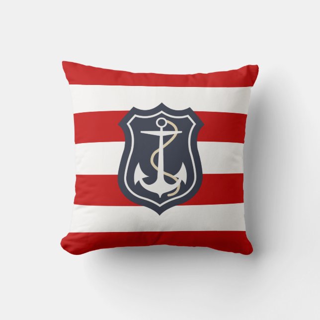 Red and White Stripes Nautical Style Throw Pillow (Front)