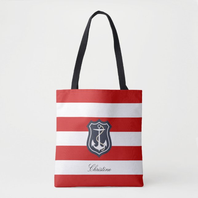 Red and White Stripes Nautical with Your Name Tote Bag (Front)