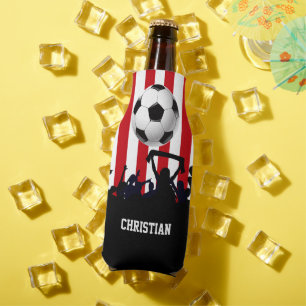 Red and White stripes Soccer Fans and football Bottle Cooler