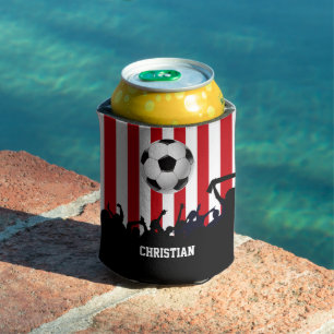 Red and White stripes Soccer Fans and football Can Cooler