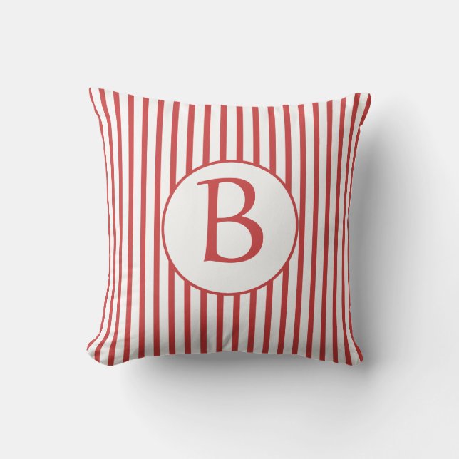 Red and White Stripes with Monogram Throw Pillow (Front)