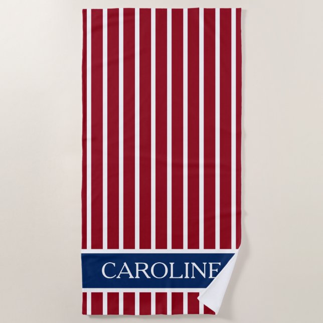 Red and White Stripes With Navy Blue Personalized Beach Towel (Front)