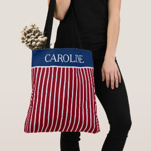 Red and White Stripes With Navy Blue Personalized Tote Bag