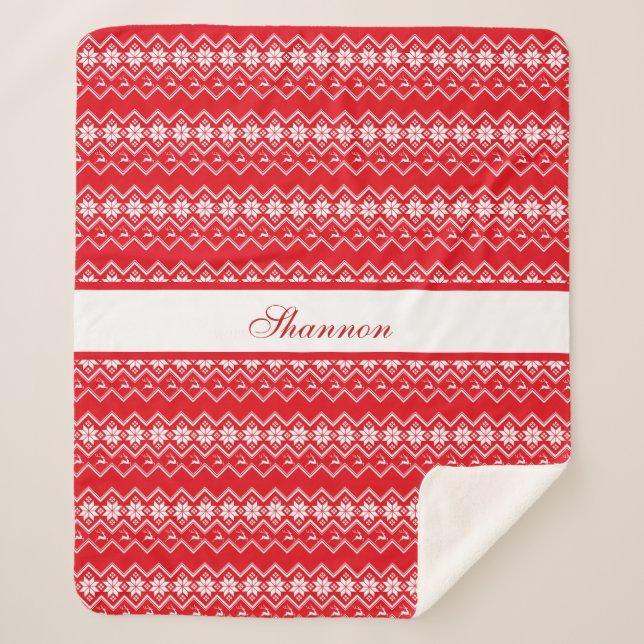Red And White Sweater Pattern Personalized Sherpa Blanket (Front)