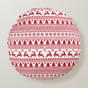 Red and White Sweater Pattern Round Pillow
