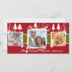 Red and White Swirly Frame Holiday Family Photo Card