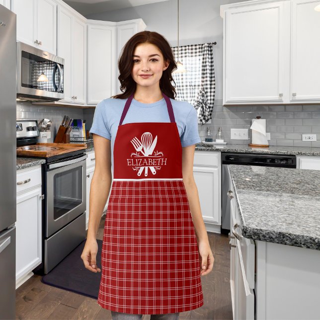Red and White Tartan Plaid Pattern Apron (Creator Uploaded)