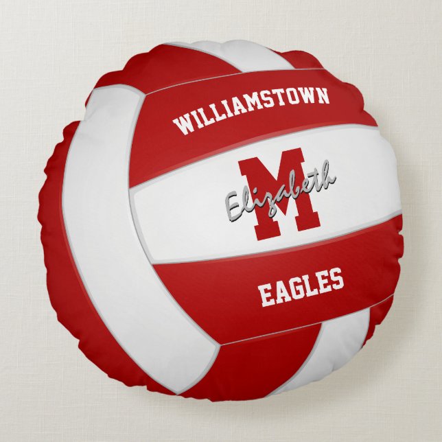 red and white team colours realistic volleyball round pillow (Front)