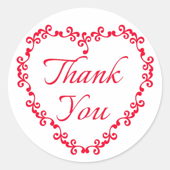Red And White Thank You Floral Heart Wedding Party Classic Round Sticker (Front)