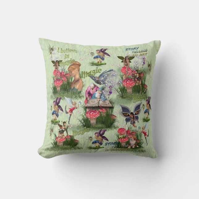 Red and white toadstool fairytale stories throw pillow (Front)