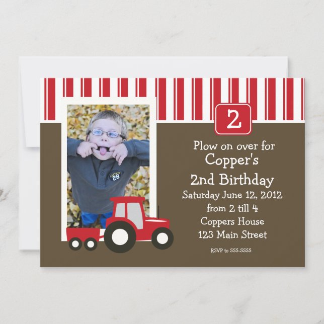 Red and White tractor Birthday Invitation (Front)