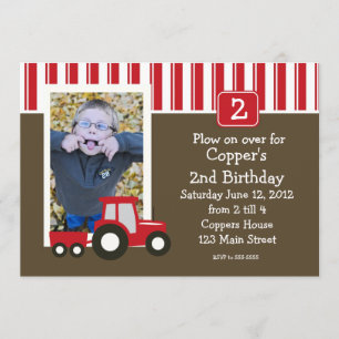 Red and White tractor Birthday Invitation