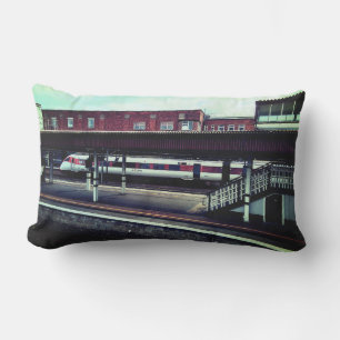 Red and white train lumbar pillow