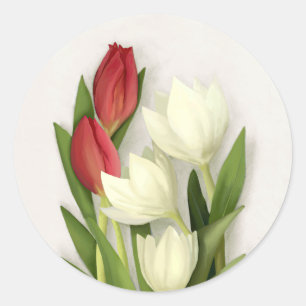 Red and White Tulips Floral Classic Round Sticker