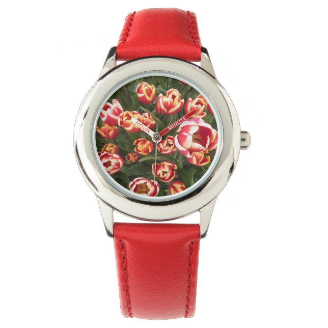Red and White Tulips Stainless Steel Red Watch (Front)