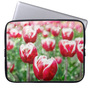 Red and White Tulips With Raindrops Laptop Sleeve