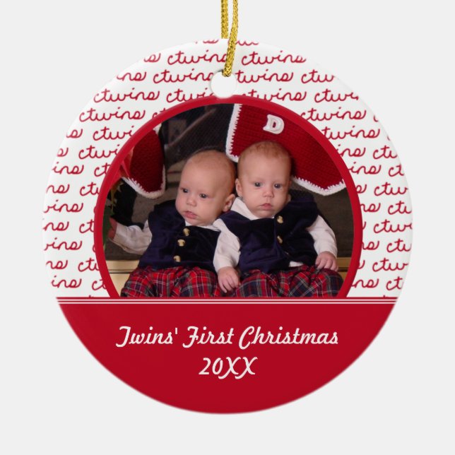 Red and White Twins First Christmas Photo Ornament (Front)