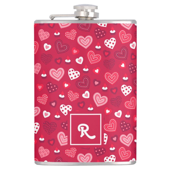 Red and white Valentine's hearts pattern Hip Flask (Front)