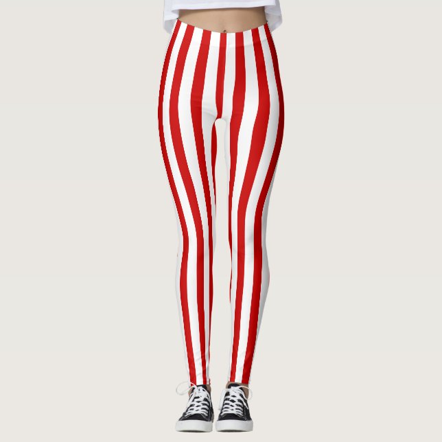 Red and White Vertical Stripes Leggings (Front)