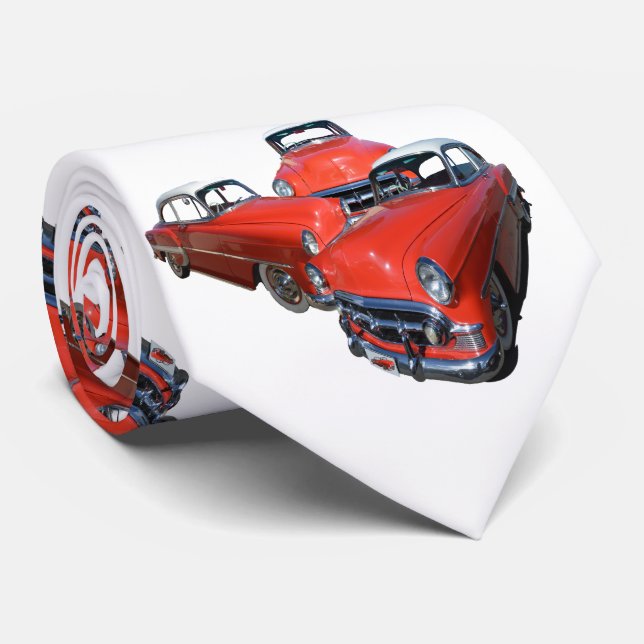 Red And White Vintage Classic Cars, Tie (Rolled)