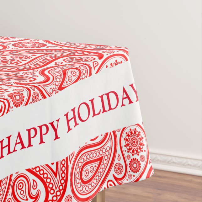 Red and white vintage paisley pattern tablecloth (In Situ)