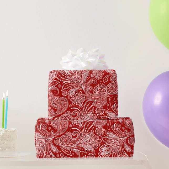 Red And White Vintage Paisley Wrapping Paper (Party Gifts)
