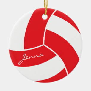 Red and White Volleyball Ceramic Ornament