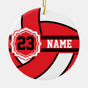 Red and White Volleyball with DIY Text Ceramic Ornament