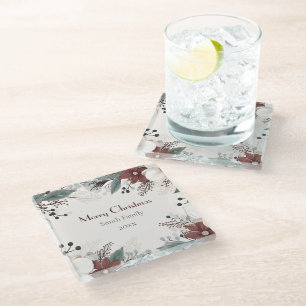 Red And White Watercolour floral Christmas Glass Coaster