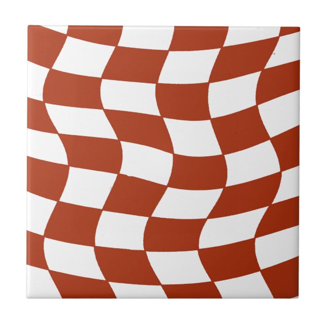 Red and White Wavy Chequerboard Tile (Front)