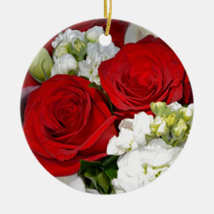 Red and white wedding roses bouquet ceramic ornament
